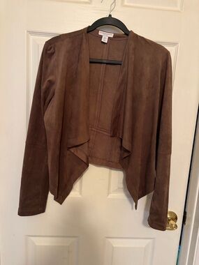 Katherine Barclay Brown Faux Suede Draped Open-Front Waterfall Jacket